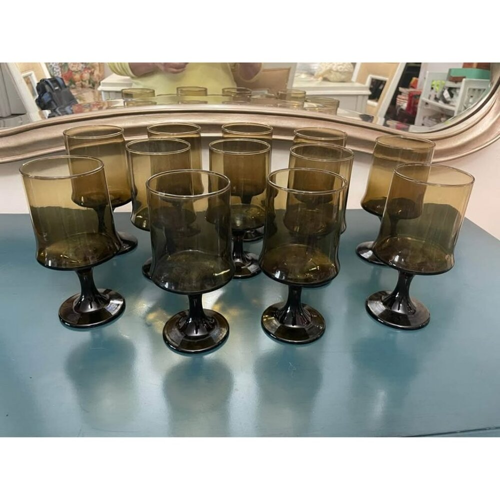 MCM 1970s Libbey Smoke Brown Wine Stemmed Glasses